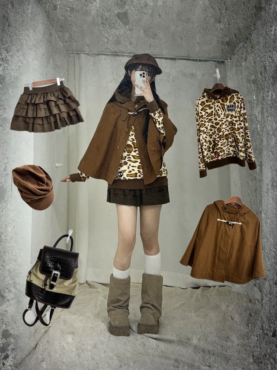 베이비돌 브라운 러블리 레오파드 니혼진 갸루 코디세트  상품이미지1