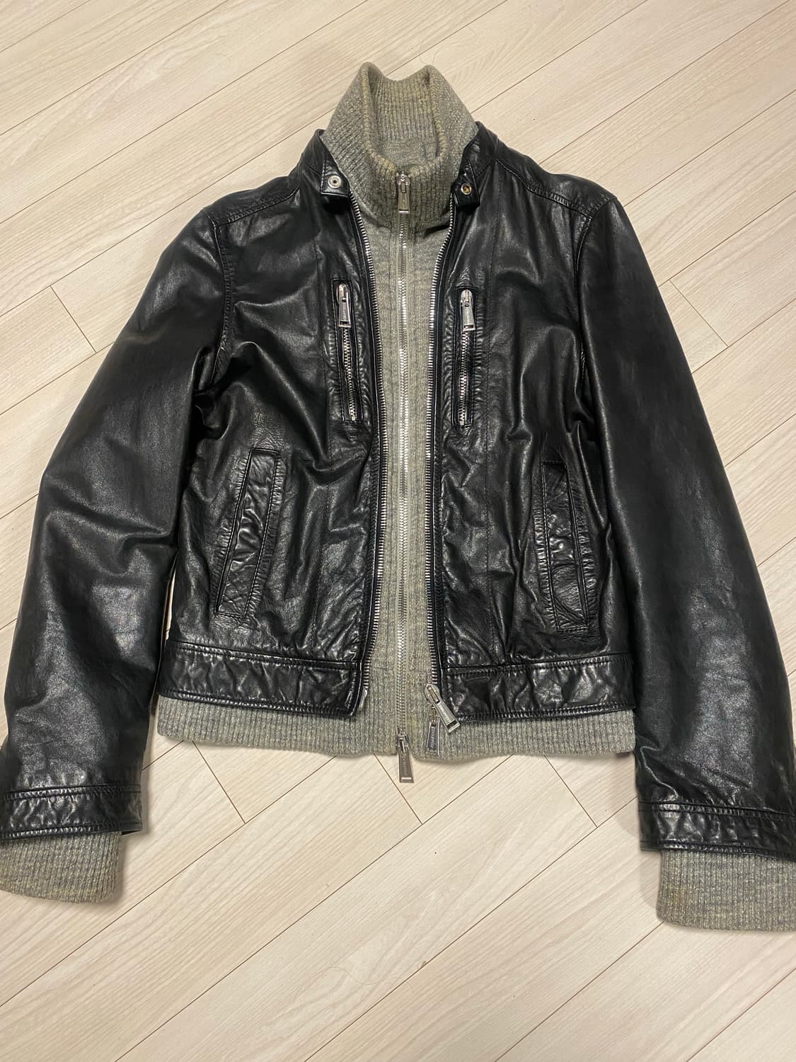 니트레이어드 라이더가죽 집업자켓 상품이미지1