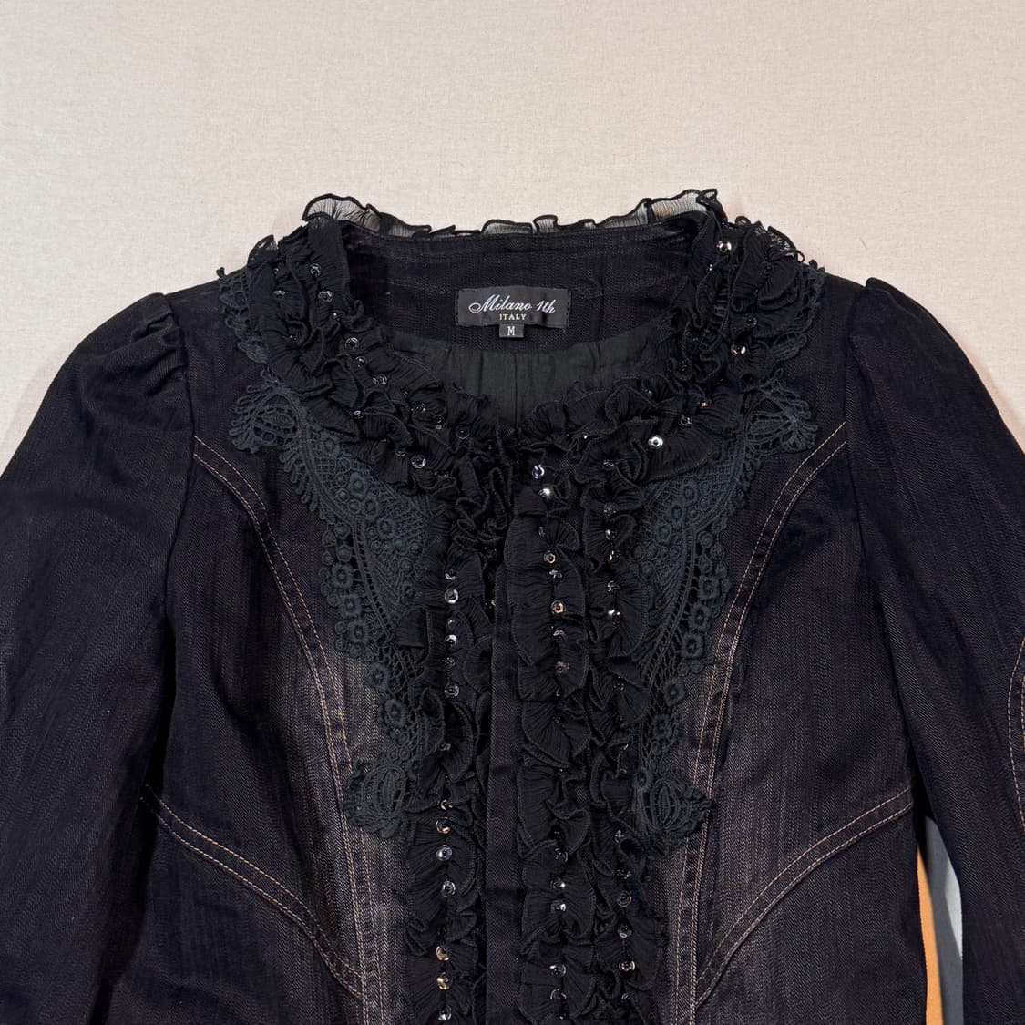 M) Milano 1th 프릴 & 레이스 디테일 벨슬리브 데님 자켓 상품이미지3