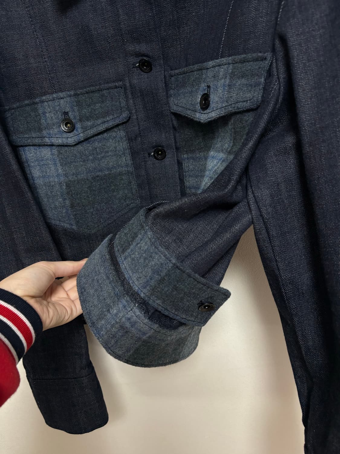 커스텀멜로우 체크 울 배색 트러커 생지 데님자켓 상품이미지4