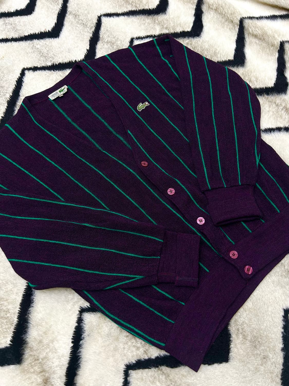 [L]라코스테 90s 그린 스트라이프 V넥 니트 가디건/딥퍼플 상품이미지2