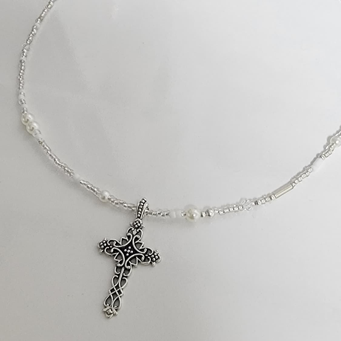 여자 십자가 화이트 실버 목걸이 상품이미지2