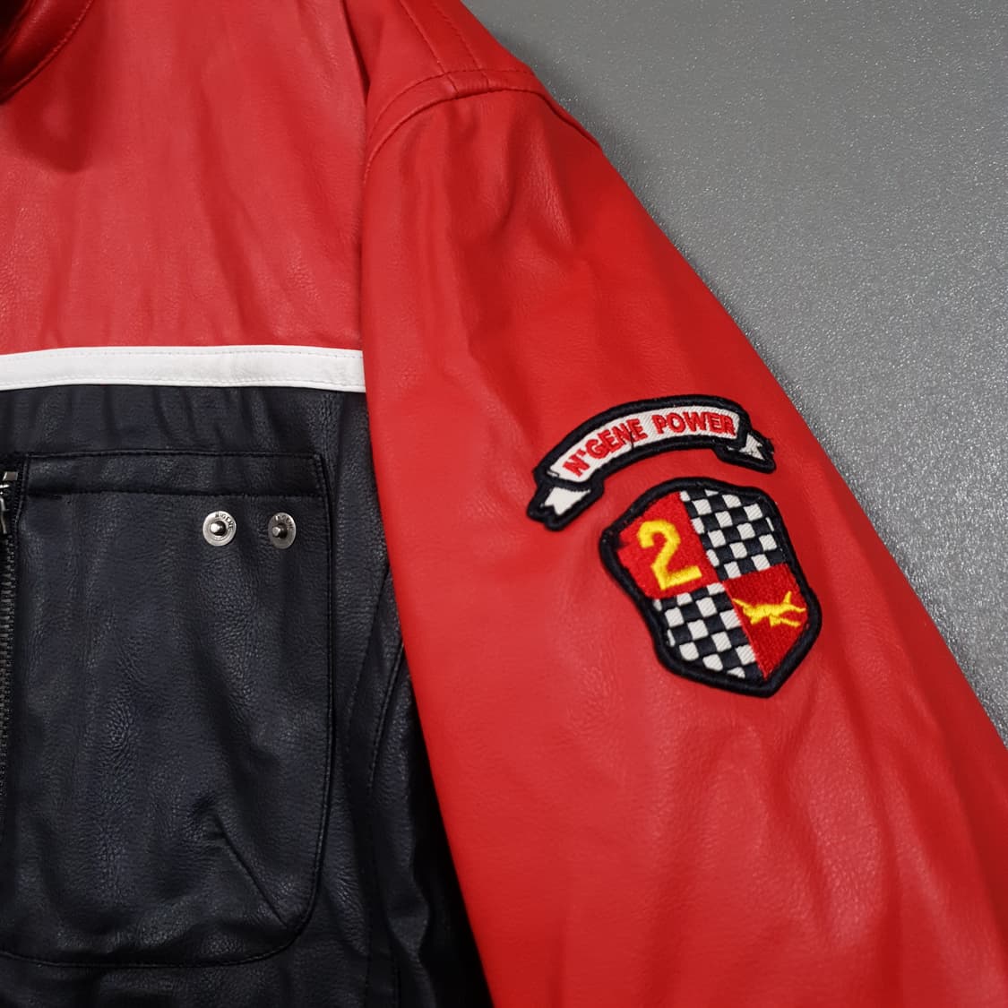 M (95) N'GENE 엔진 지퍼 포켓 패치 가죽 레더 레이싱 자켓 상품이미지4