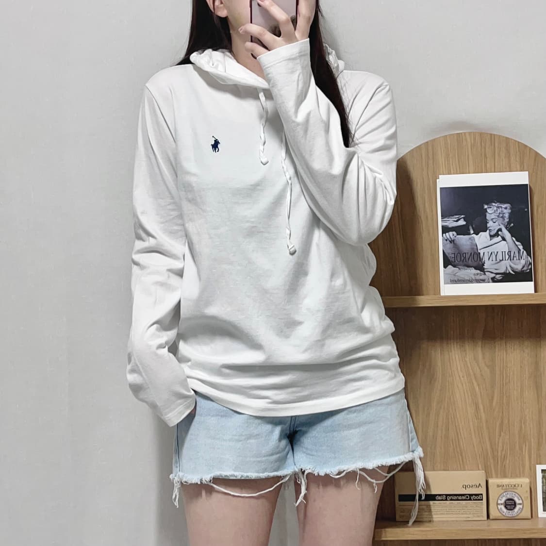 [정품] 폴로 화이트 / 네이비포니 얇은 후드긴팔티 [ S ] 상품이미지1