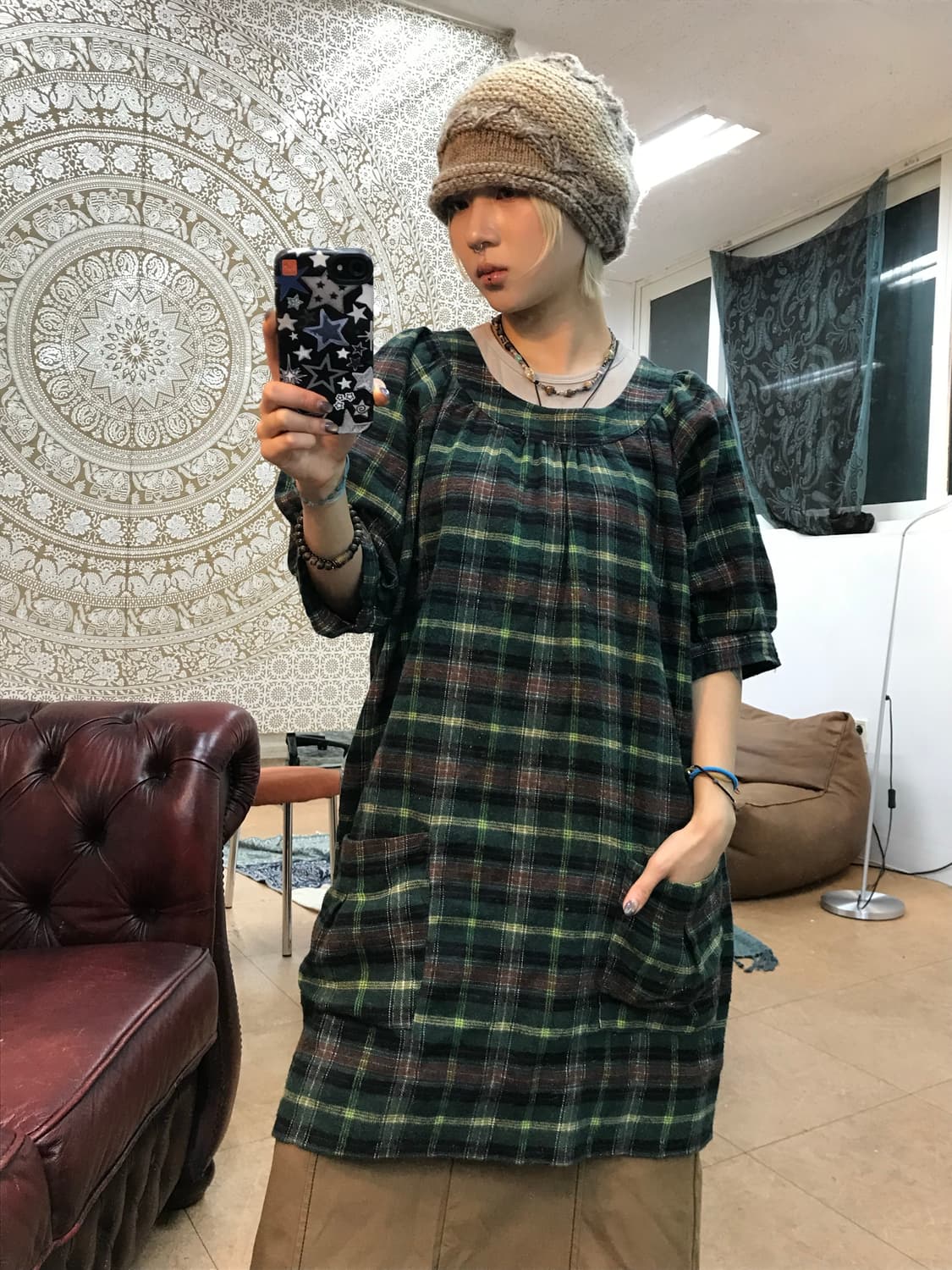lmlily 체크 포켓 반팔 모직 원피스  상품이미지1