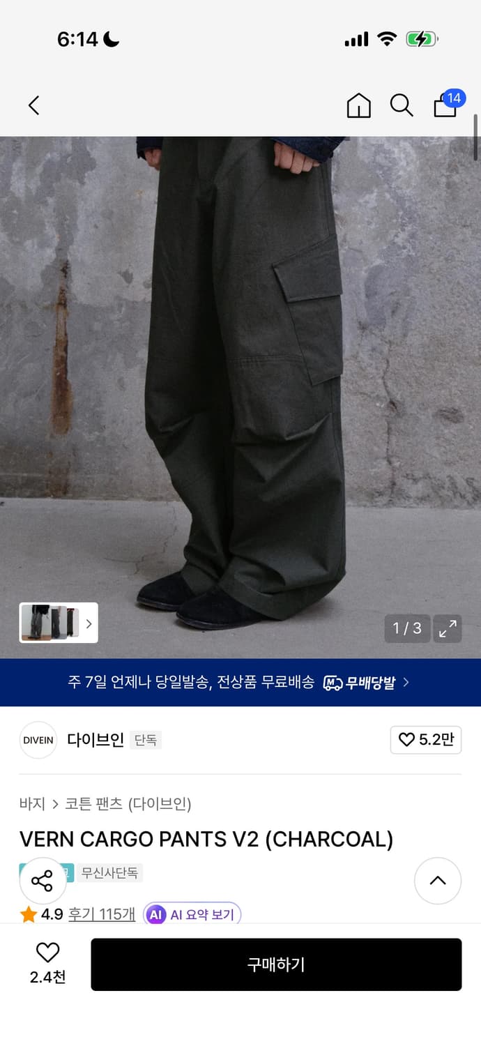 다이브인 베른 카고 팬츠V2 차콜 1사이즈 팝니다. 상품이미지1