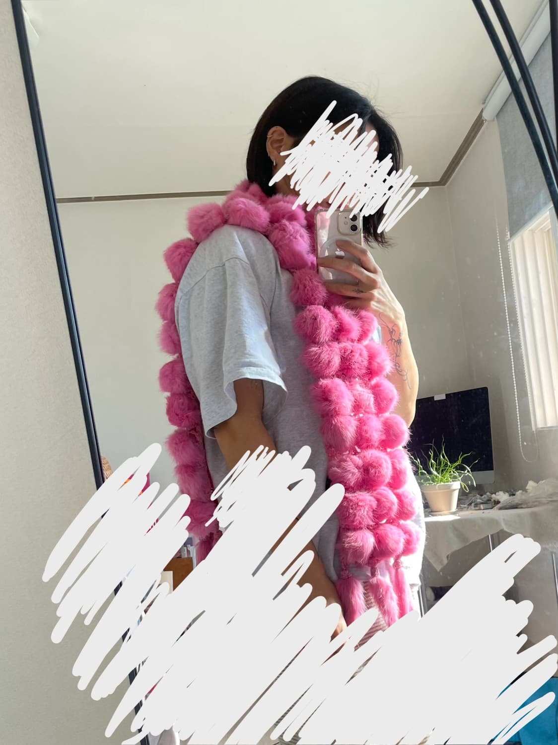 토끼털 래빗 핑크 방울 목도리 상품이미지2