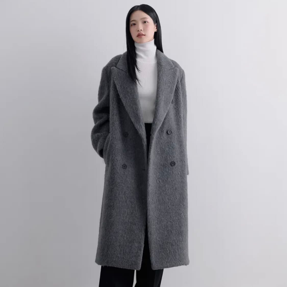 헤어리 알파카 블렌드 오버 숄더 더블 코트 (그레이) 상품이미지1