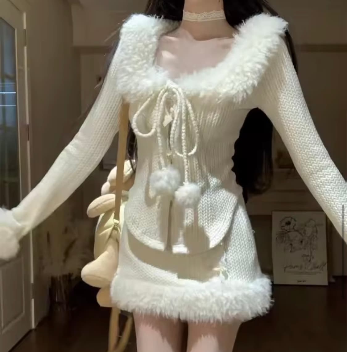 폼폼이 퍼 니트 리본 투피스 셋업 달천깔 히메갸루 상품이미지2