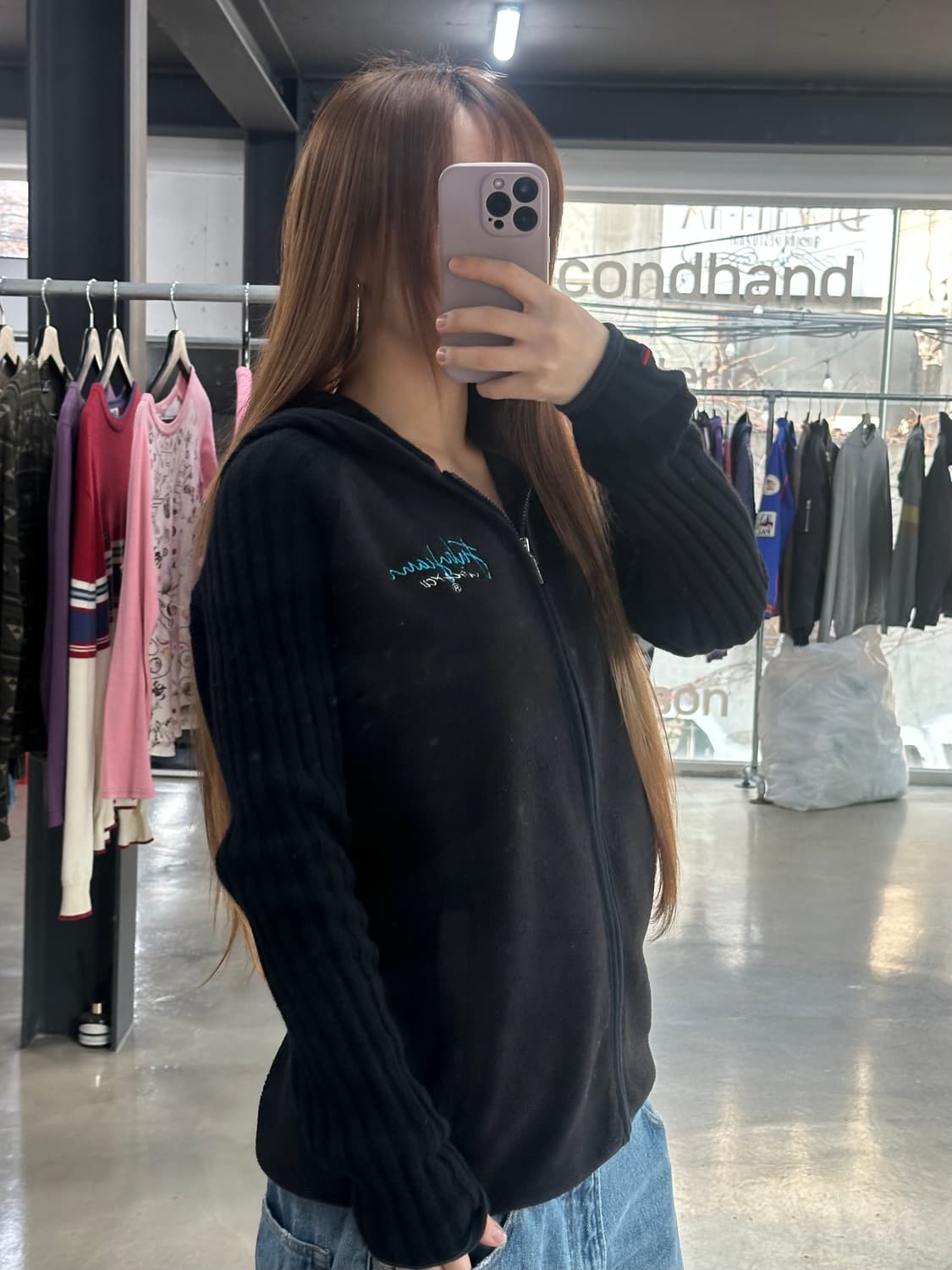 후부 자수백로고 후드 플리스 니트집업 상품이미지3