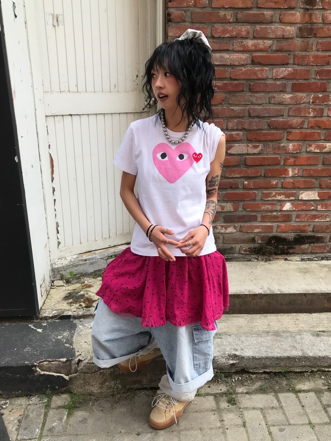 꼼데가르송 더블하트 핑크&레드 반팔 티셔츠 상품이미지3