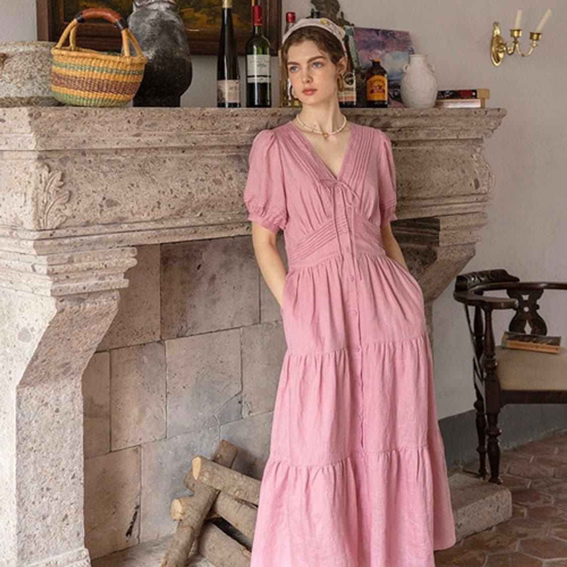 LENINA 르니나 린넨 보헤미안 프릴 핑크 캉캉 롱 원피스 새상품 S 상품이미지2