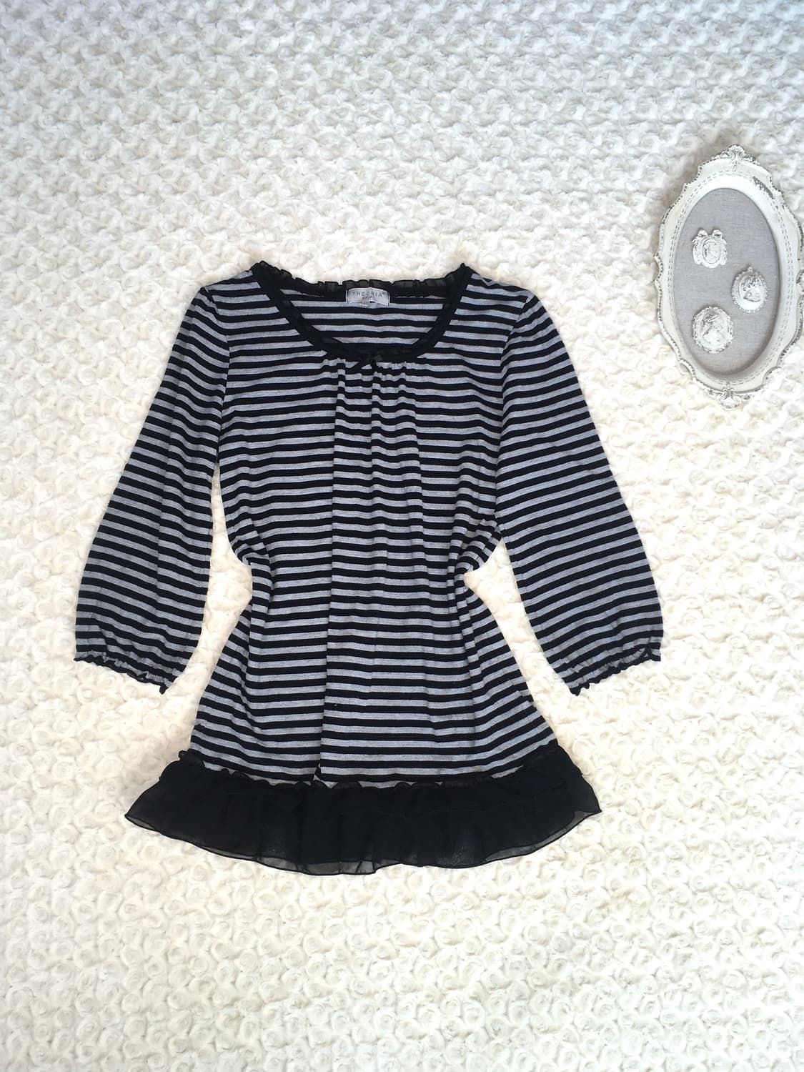 Set)stripe frill t + ribbon one piece 상품이미지6