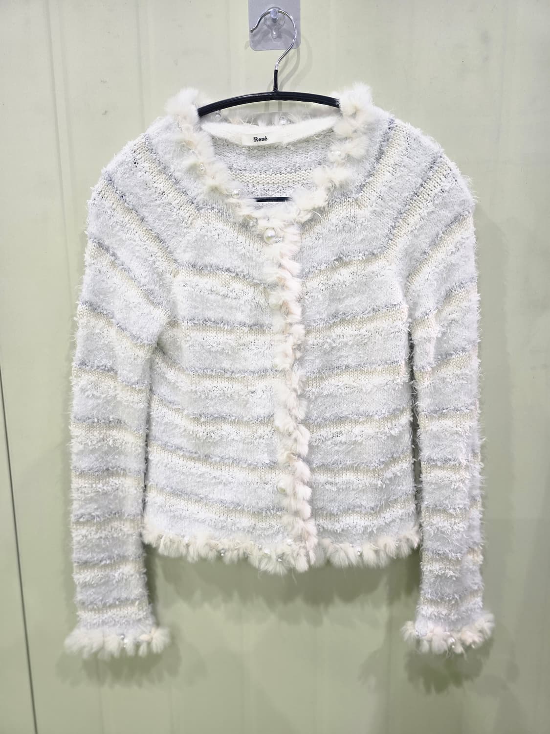 르네 화이트 퍼 트리밍 니트 가디건 일본 빈티지 상품이미지1