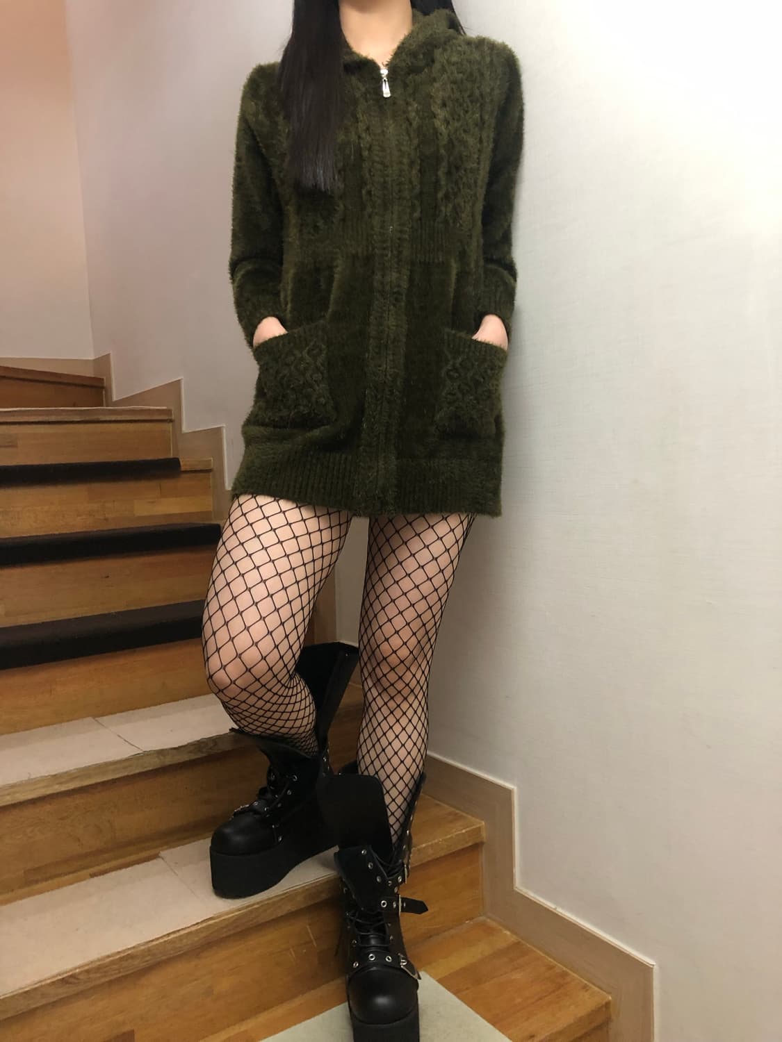 빈티지 후드 카키 롱 집업 상품이미지6