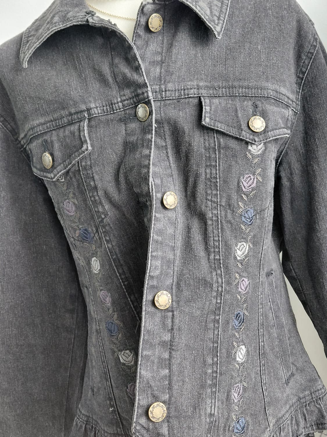 [일본빈티지] 데님 자켓 여성 빈티지 자수 장미 프릴 레이스 롱슬리브 상품이미지5