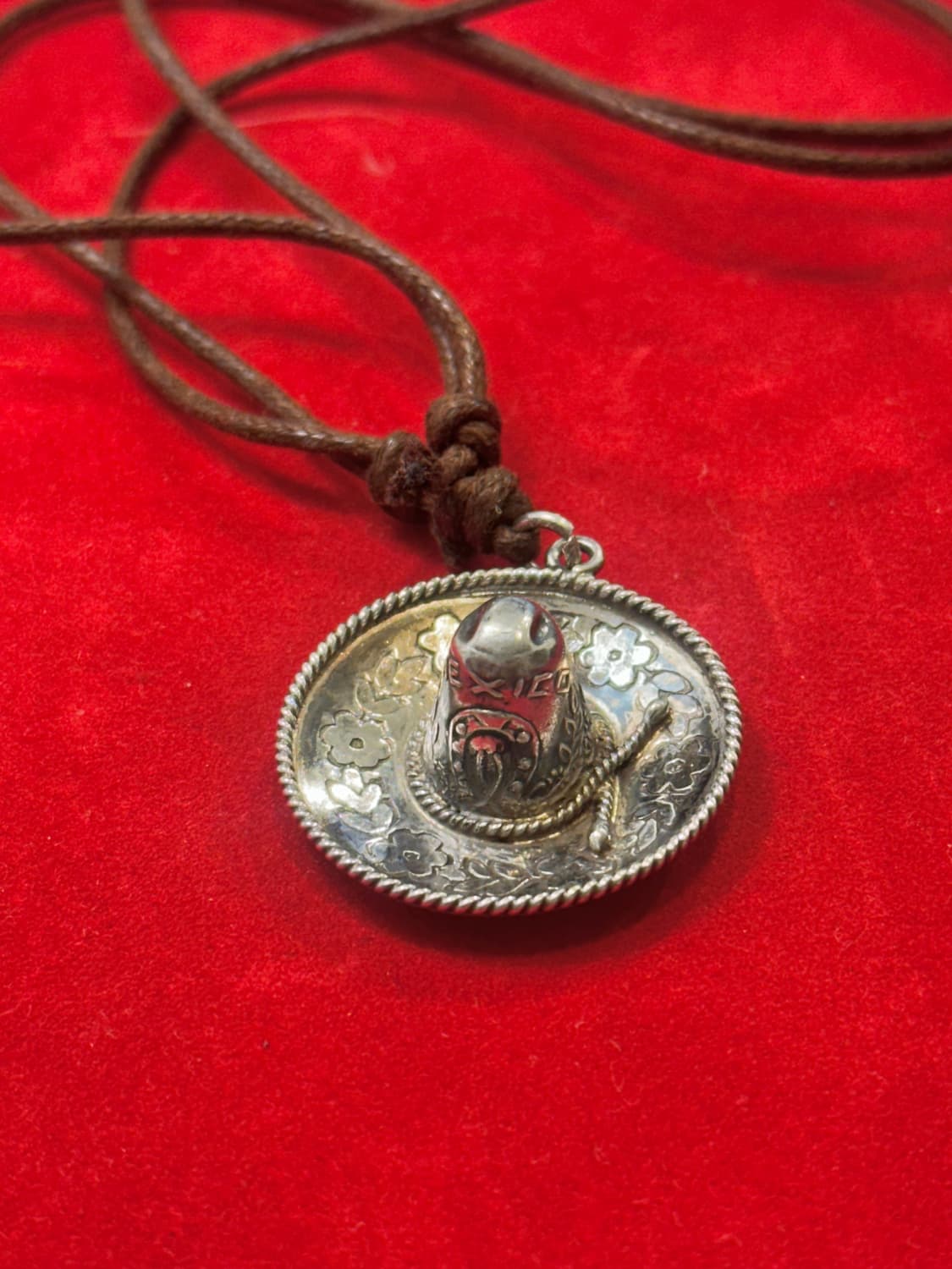 빈티지 멕시코 솜브레로 925 실버 펜던트 브라운 가죽 목걸이 상품이미지1