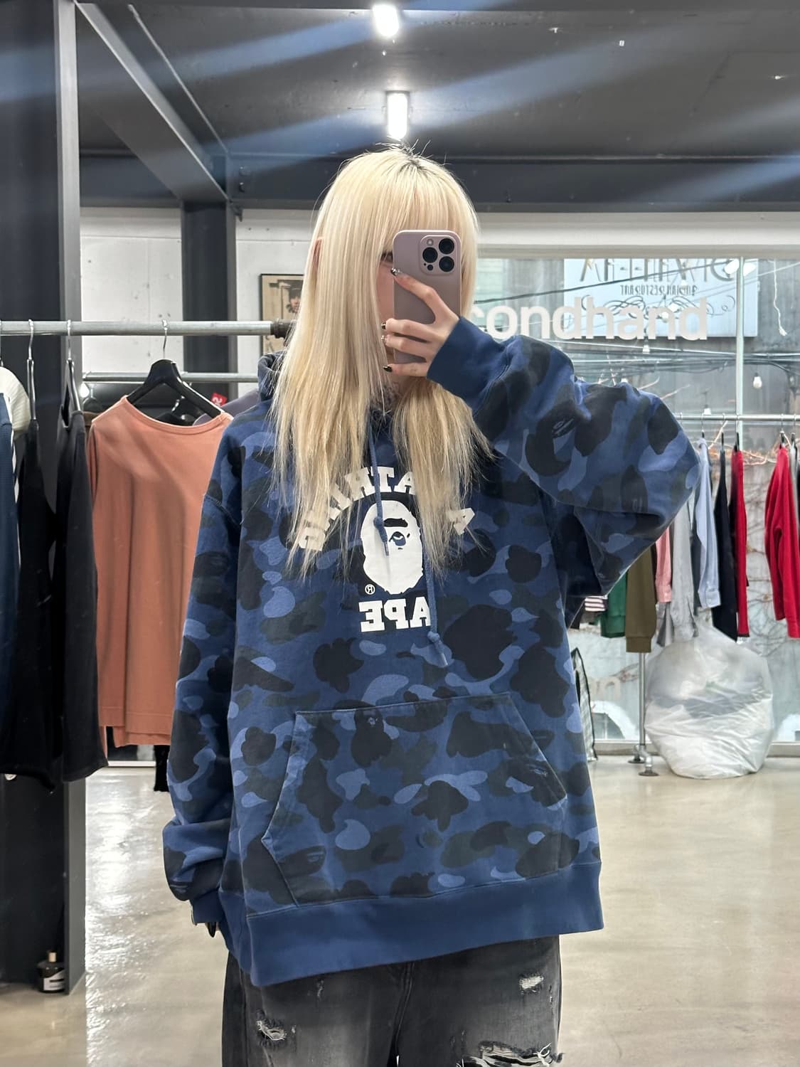 베이프 카모 컬리지 후드티 네이비 블루 상품이미지3