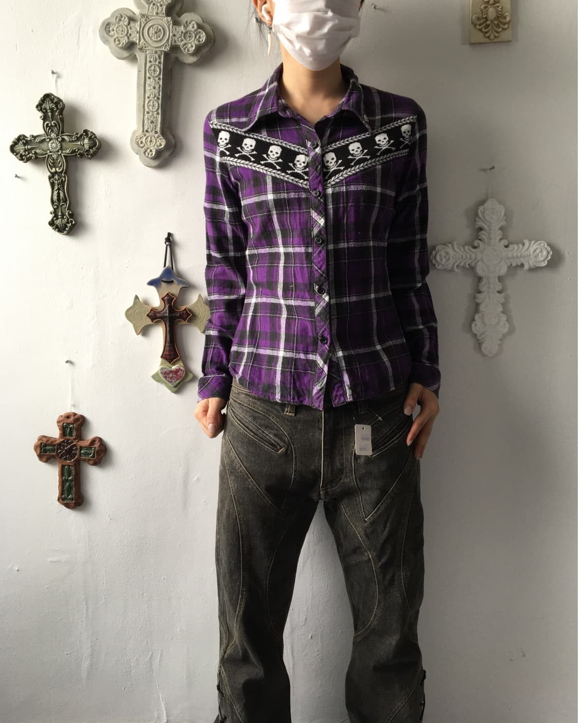 skull line point check pattern shirt 상품이미지1