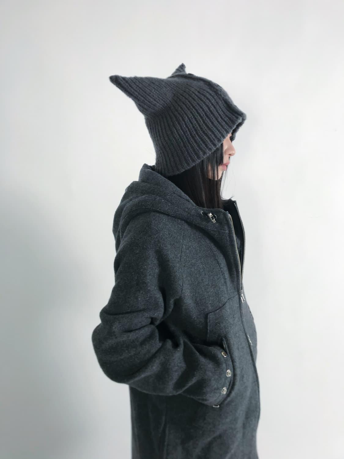 Eyelet point 2 way grey hooded coat 상품이미지4