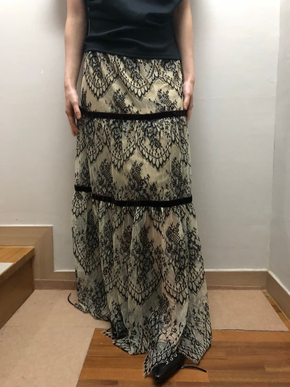 빈티지 블랙 레이스 롱 스커트 상품이미지1
