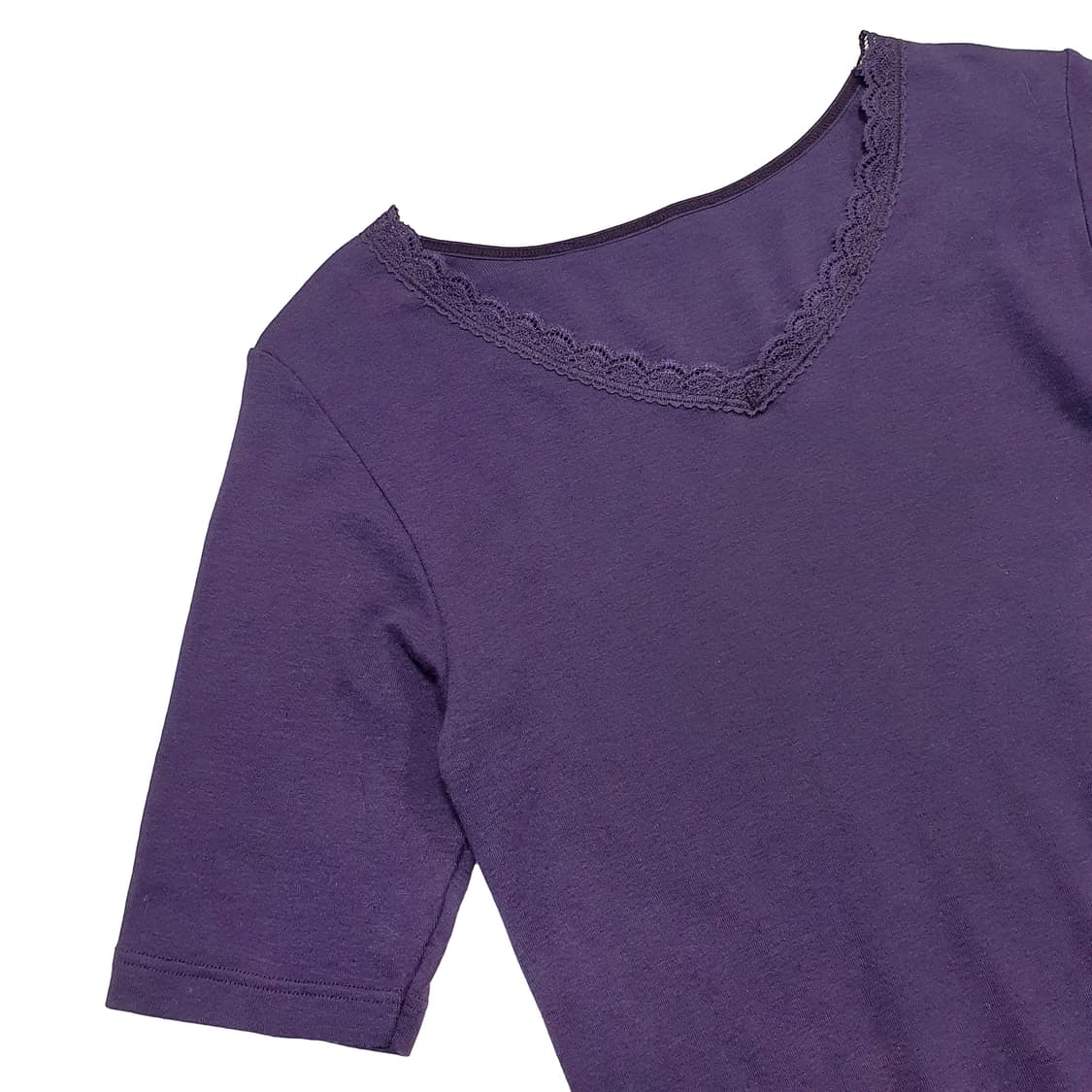 레이스 넥 반소매 티셔츠 퍼플 상품이미지4