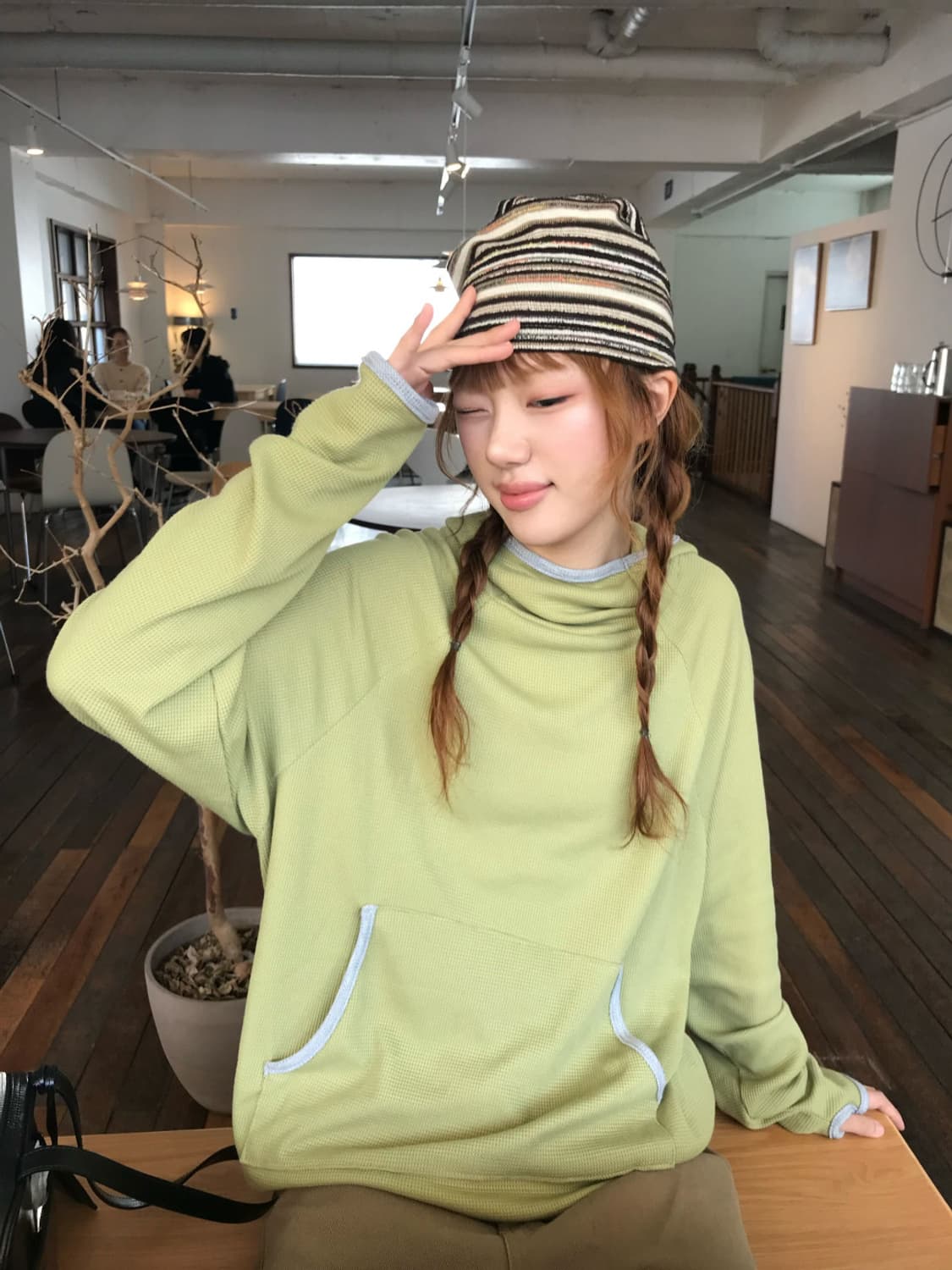 (새상품) 키오키 그린 핑거홀 와플 후디 t 상품이미지3