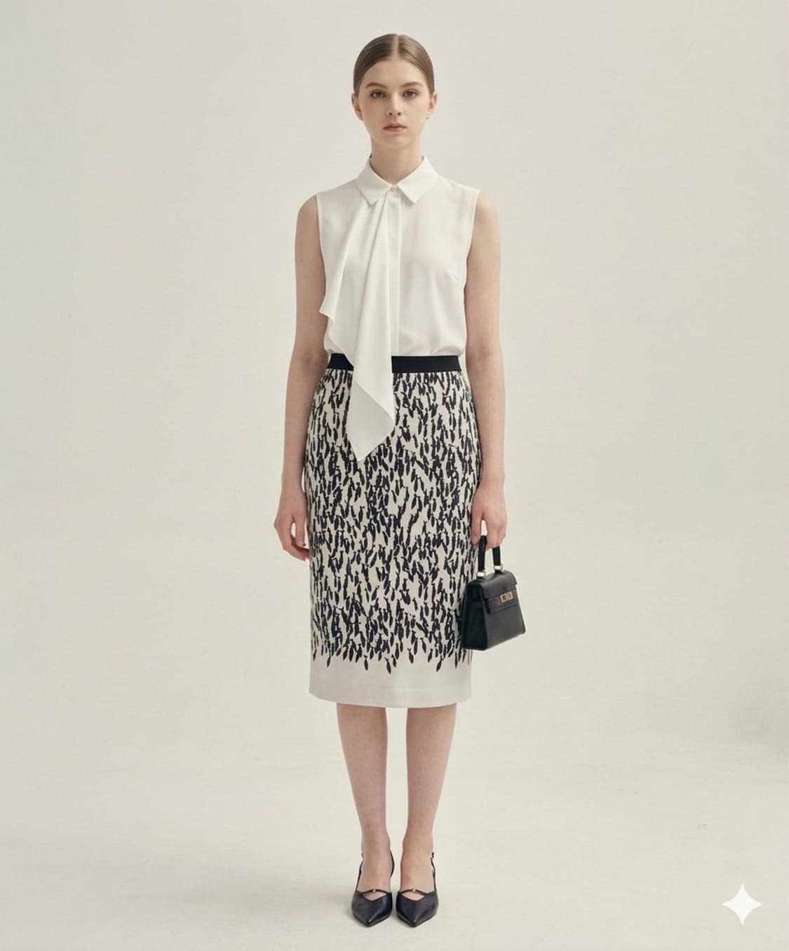 🌸하객룩 추천 | 슬림핏 그래픽 미디 스커트 55 | 고급 수입라인 · 상품이미지1