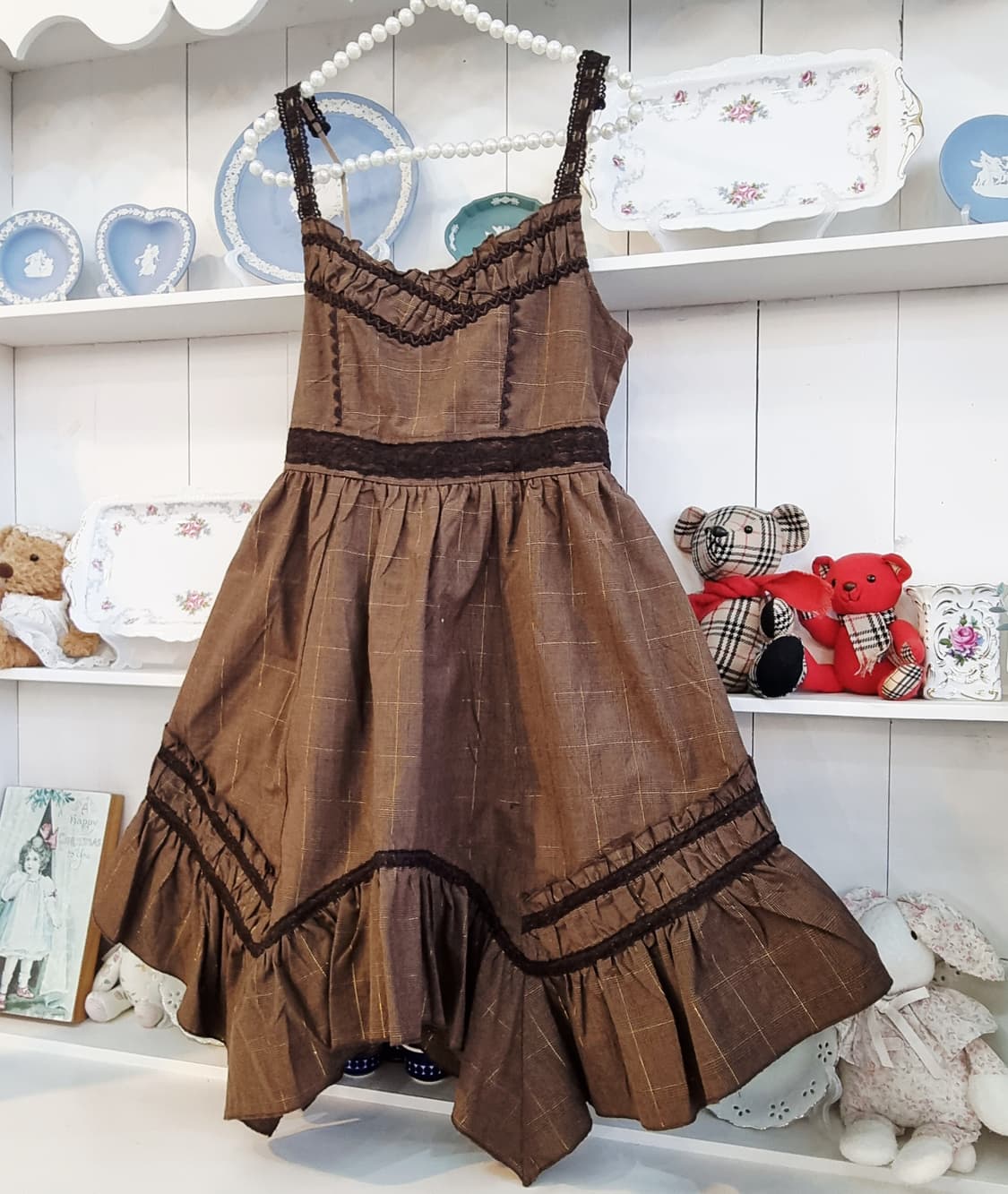 브라운 체크 프릴 레이스 원피스 상품이미지3