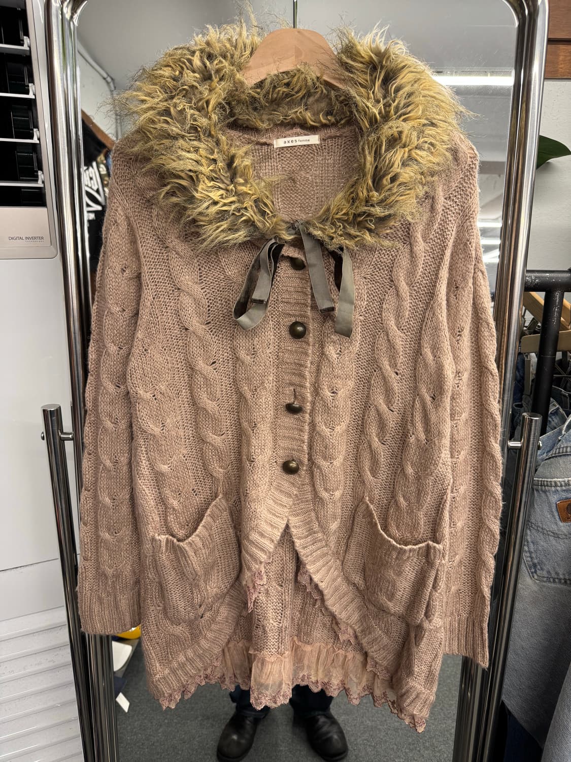 japanese vintage 여성 케이블 니트 퍼 가디건 상품이미지1