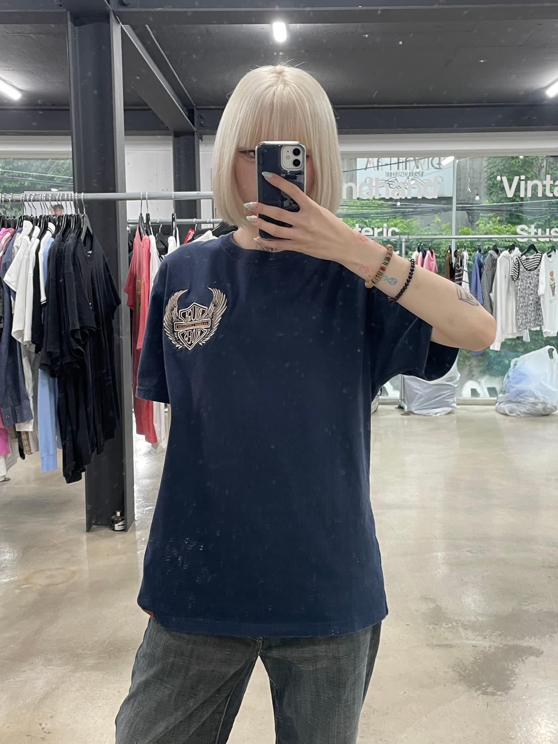 벤슨 파이어 스컬 자수 네이비 반팔 티셔츠 상품이미지3
