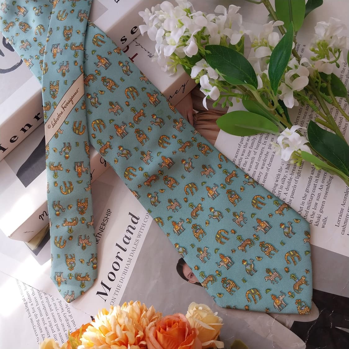 살바토레 페라가모 민트 동물 모티브 넥타이 9.7cm B등급 K2502 상품이미지3