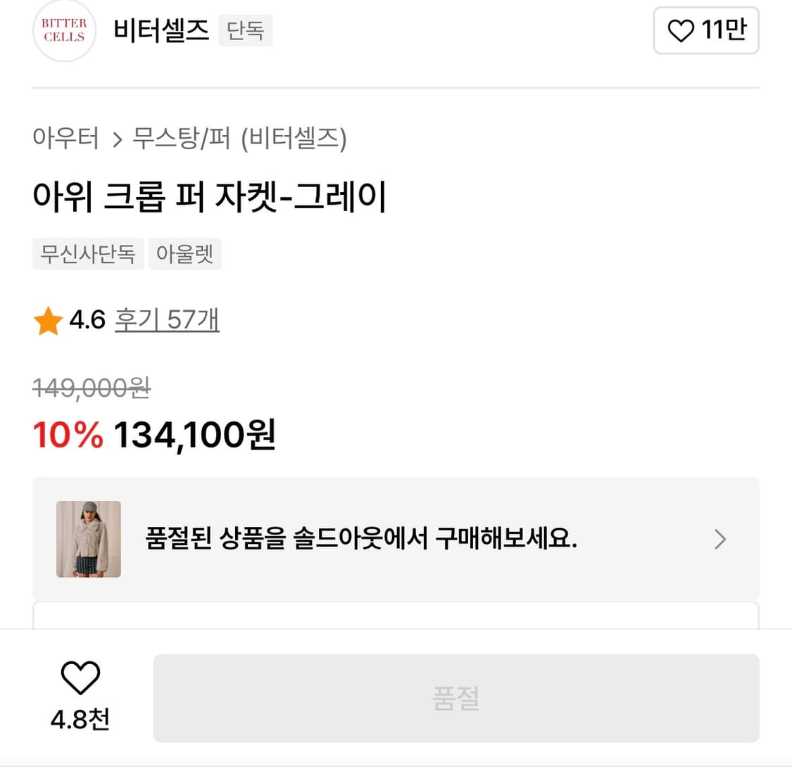 비터셀즈 아위 크롭 퍼 자켓 그레이 (새상품) 상품이미지5