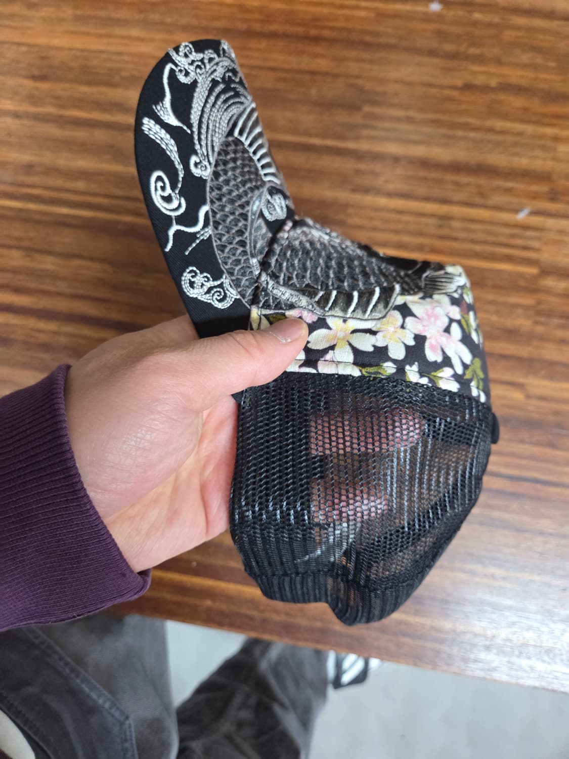 빈티지 저팬 리플 비단잉어 자수 벛꽃 프린팅 메쉬 스카쟌 모자 프리 상품이미지2