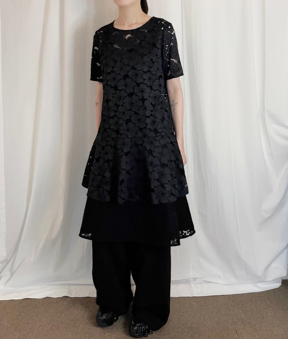 Flower Pattern Flare Midi Skirt - Black 상품이미지2