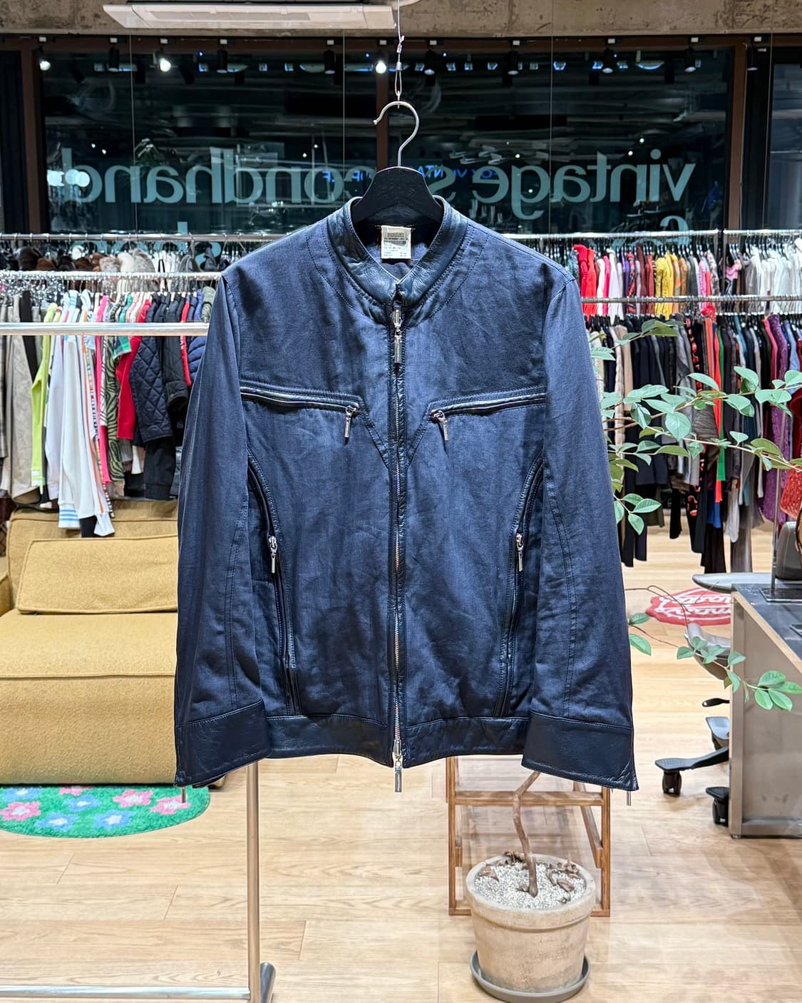 베르사체 네이비 린넨 레더 트림 블루종 자켓 상품이미지1