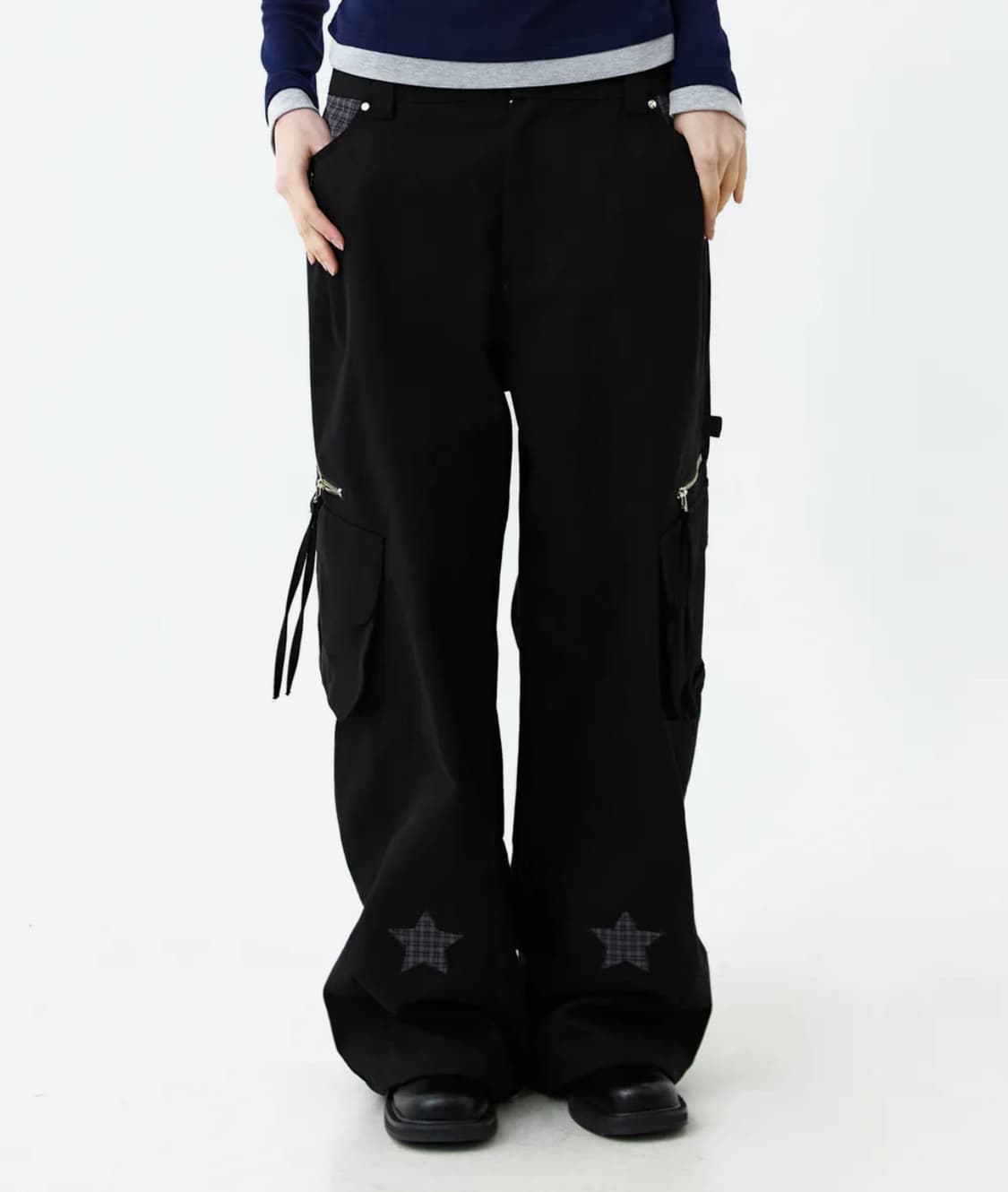 아워세이아워 스타 체크 배색 스터드 카고팬츠 블랙 상품이미지1