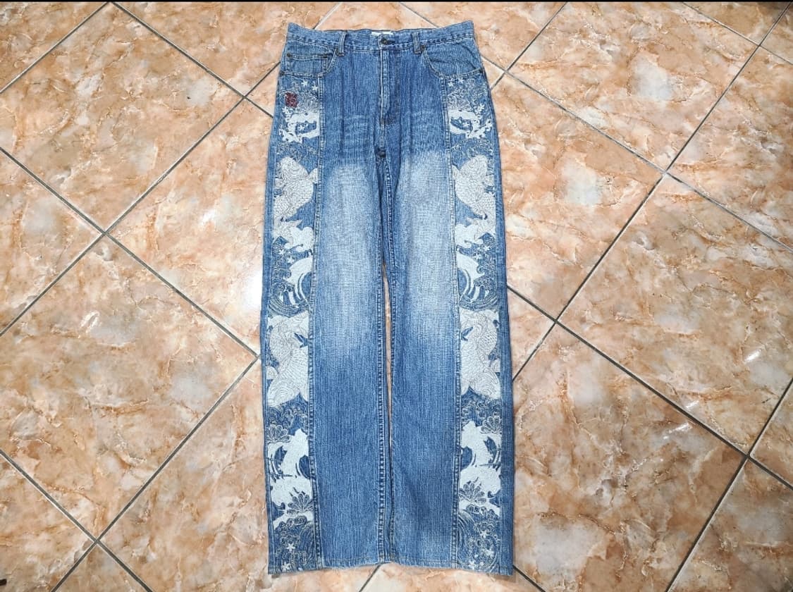 카라쿠리 사이드라인 자수 데님팬츠 상품이미지1