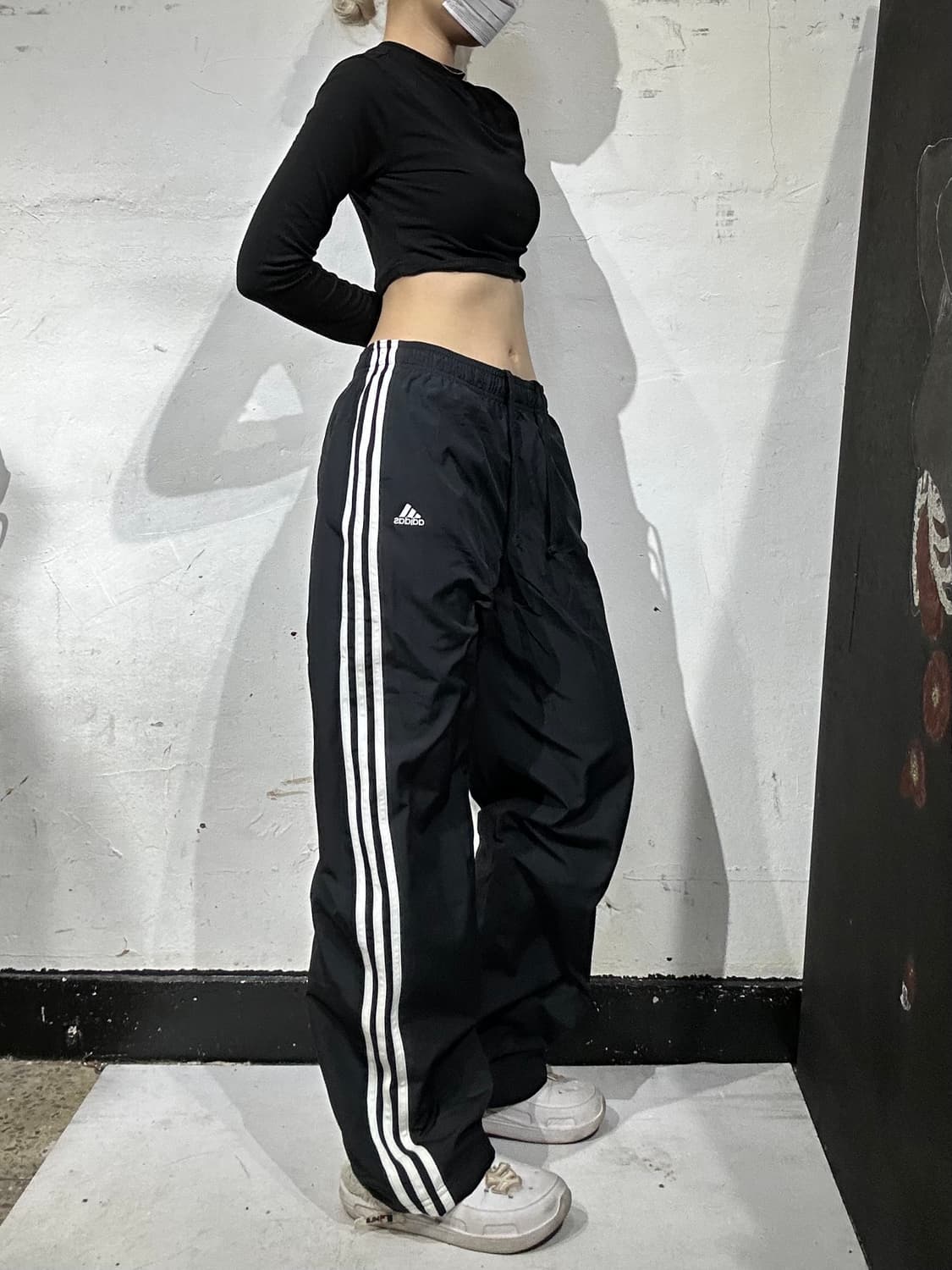 아디다스 블랙 와이드 화이트 삼선 스몰 로고 트랙 팬츠 추리닝 바지 L 상품이미지1