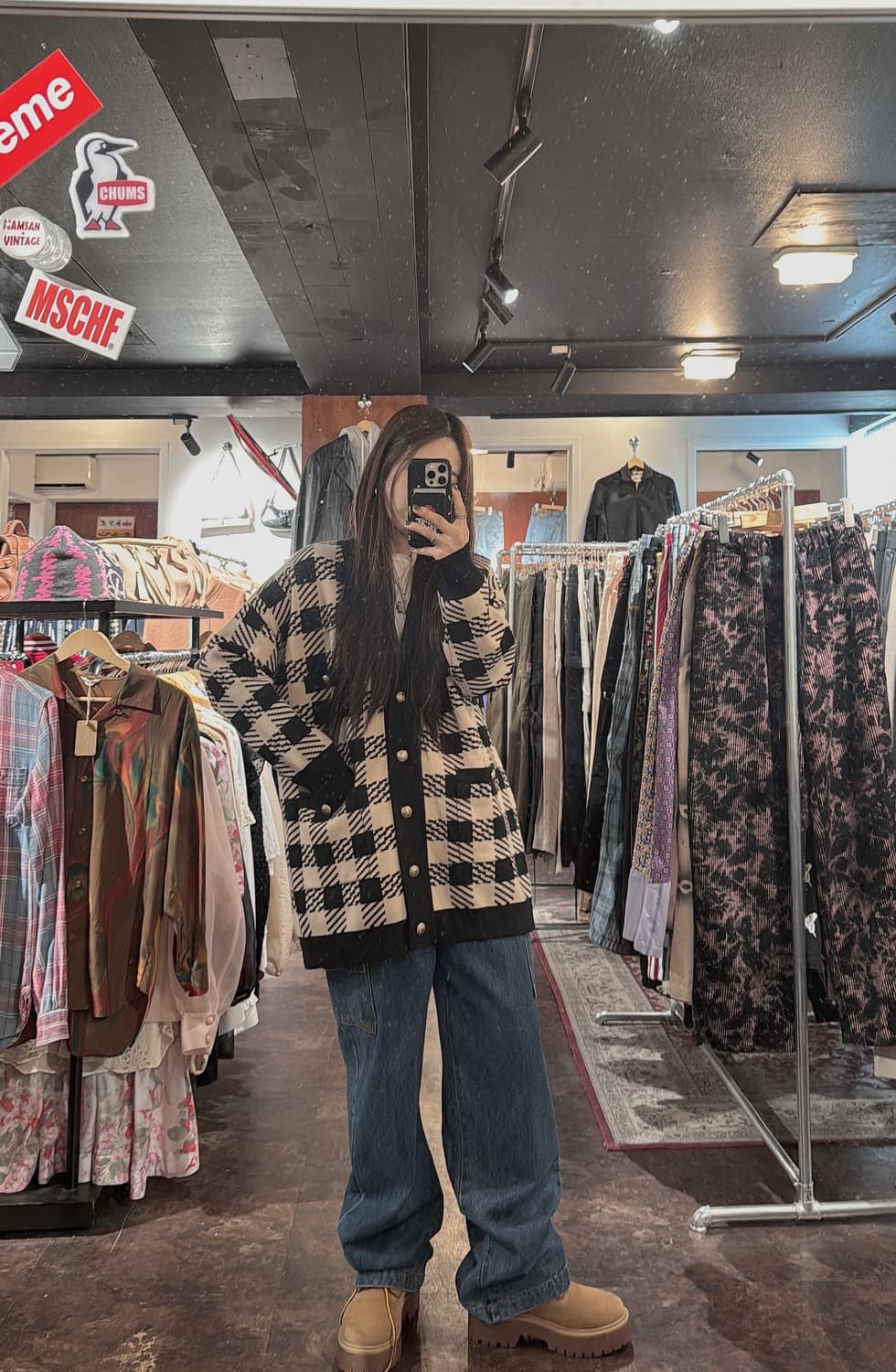 산드로 트위드 체크 패턴 비스코스 오버핏 가디건 니트 1 상품이미지8