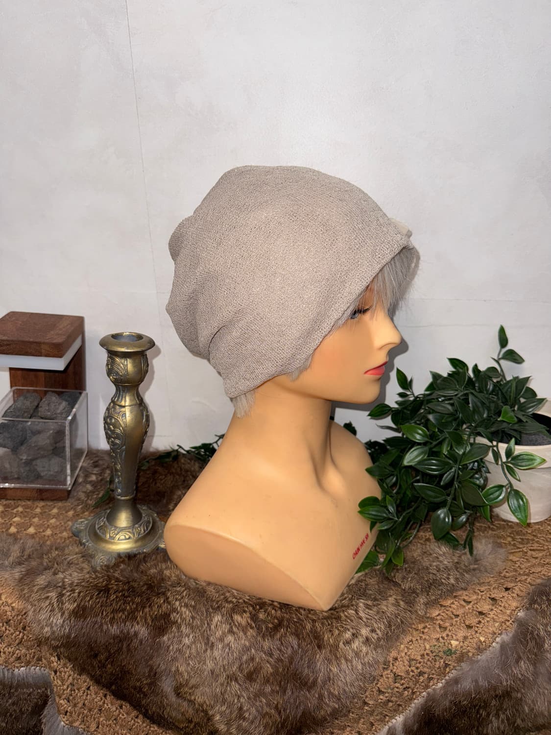 Ash beige flower loose knit beanie 상품이미지4