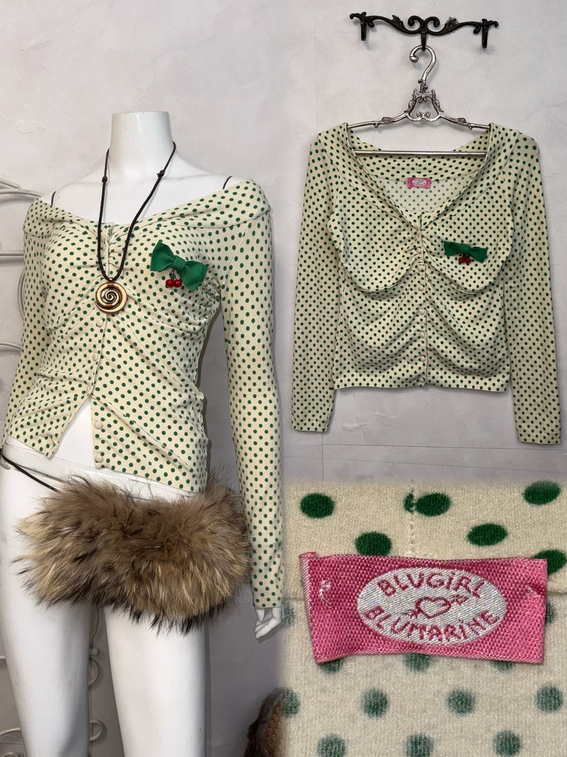 Blumarine green dot offshoulder cardigan 상품이미지1