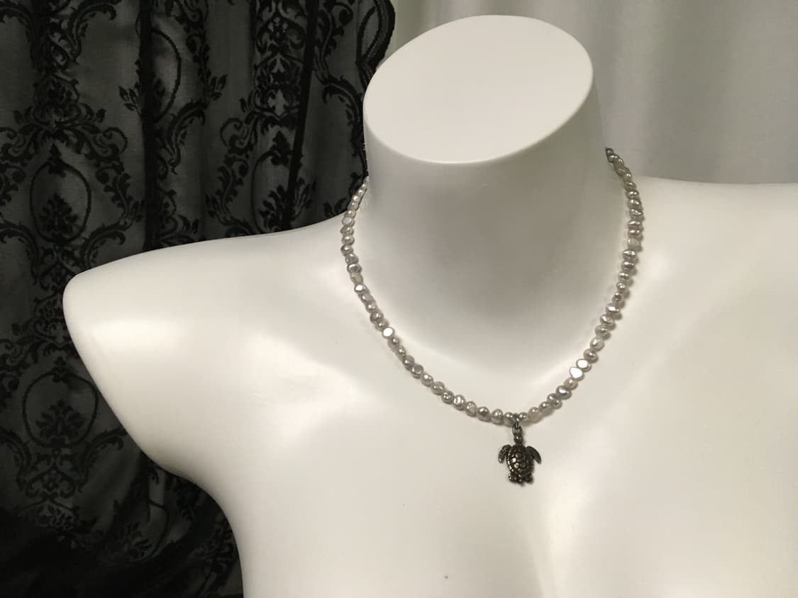 Vintage 거북이 팬던트 다크 실버 진주 네크리스 목걸이  상품이미지4