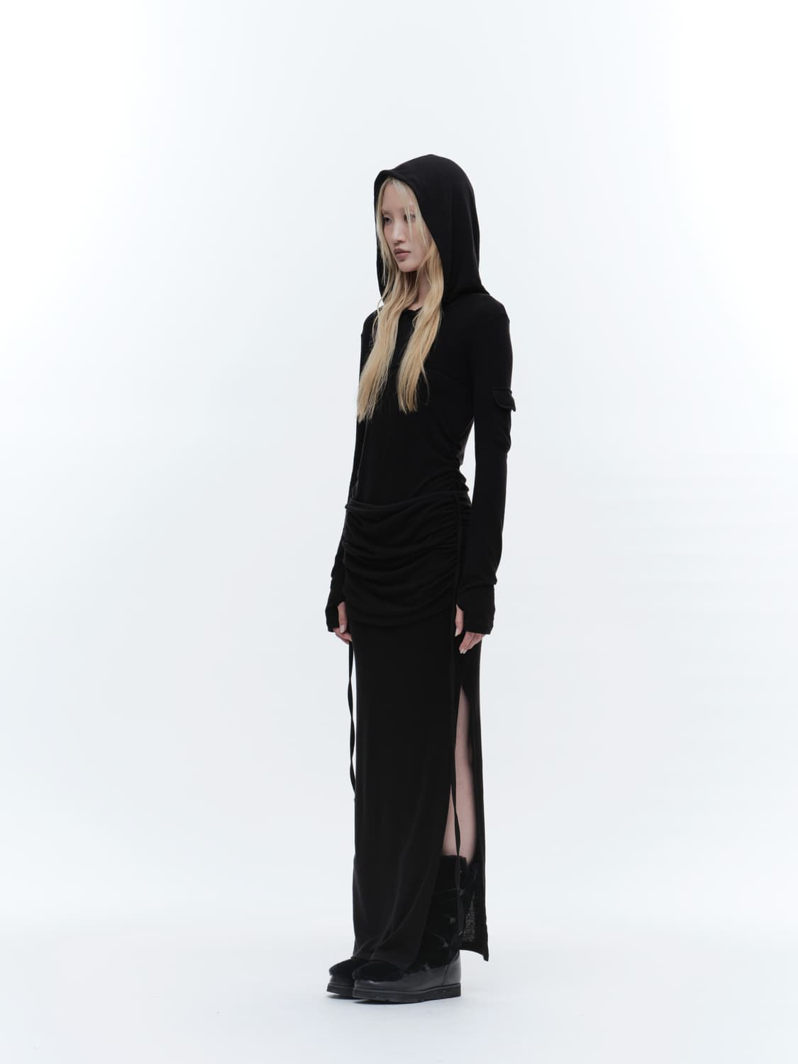 DRAPE HOODED MAXI DRESS BLACK 상품이미지1