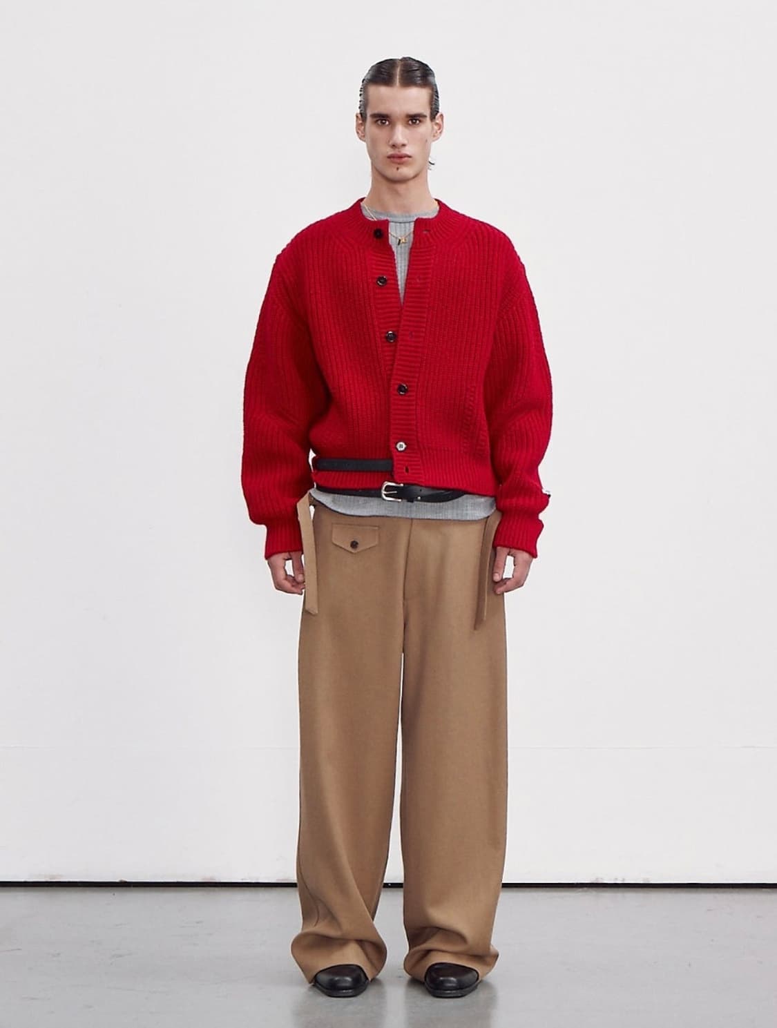 렉토 청키 울 크롭 니트 가디건 레드 M 상품이미지4