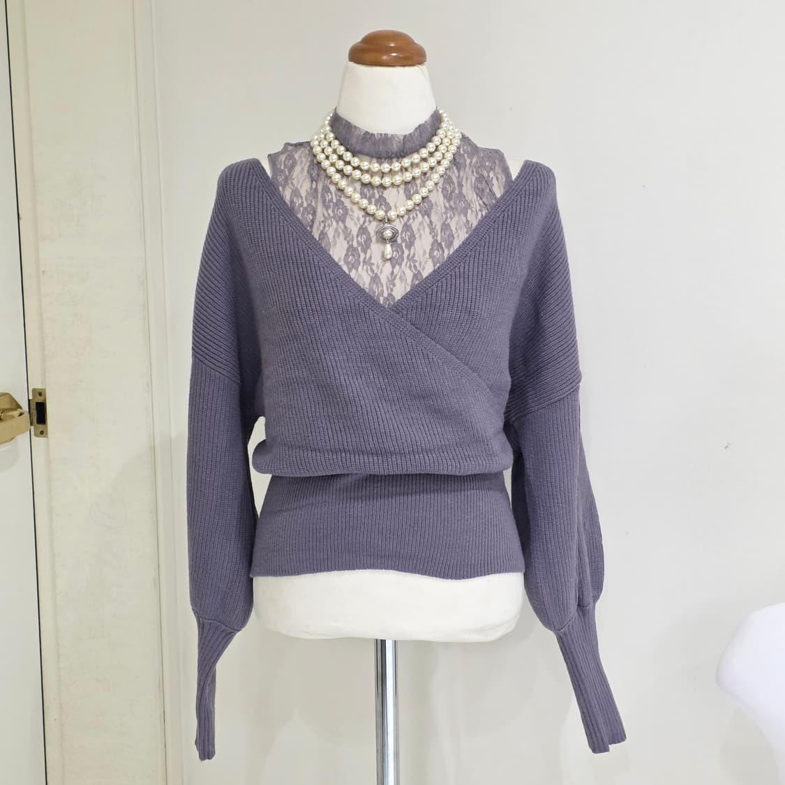 GRL 일본빈티지)양산형스나계st 레이스 레이어드 벌룬소매 니트블라우스 상품이미지2