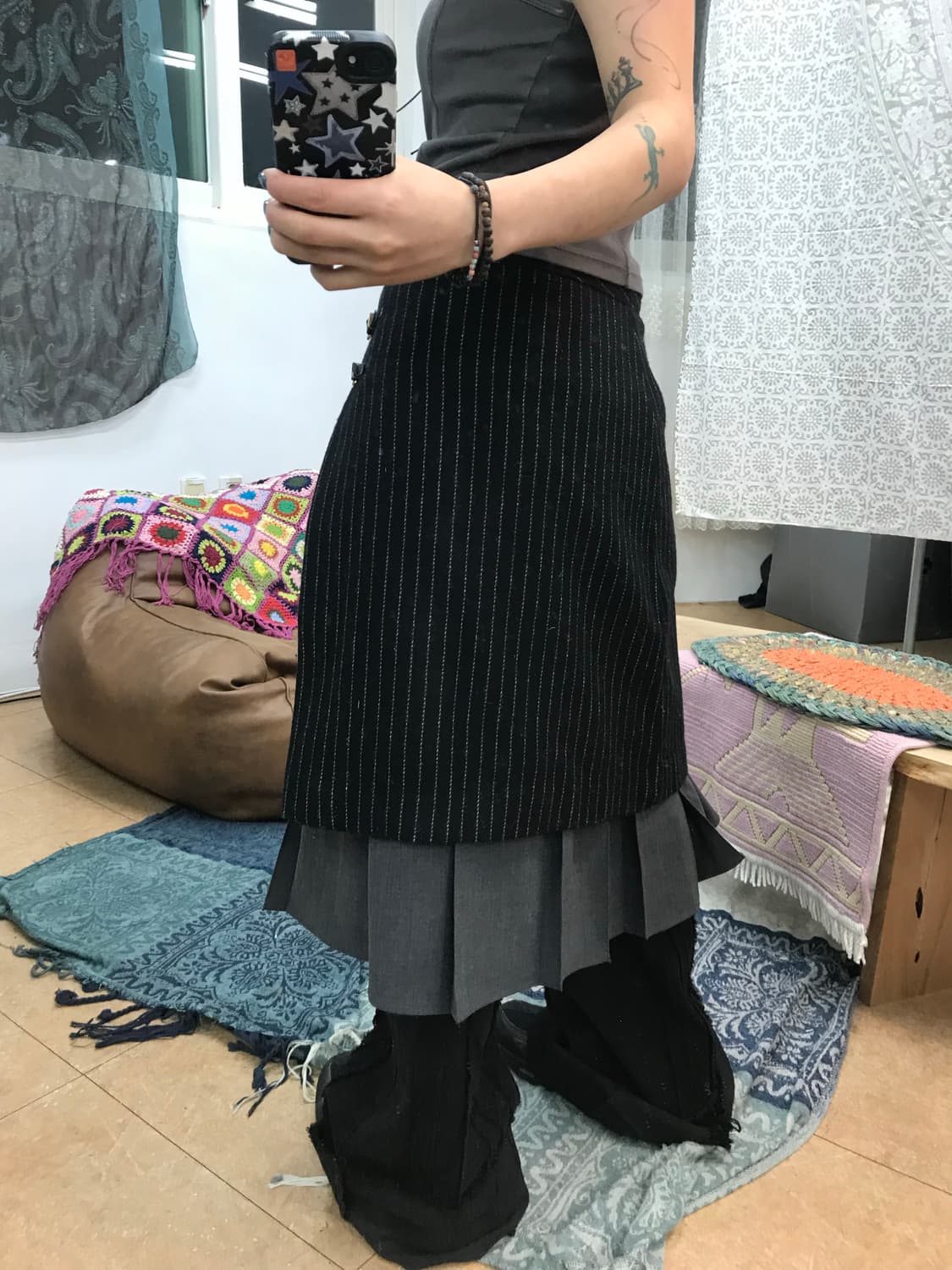 빈티지 여성 모직 스트라이프 버클 미디스커트 상품이미지2