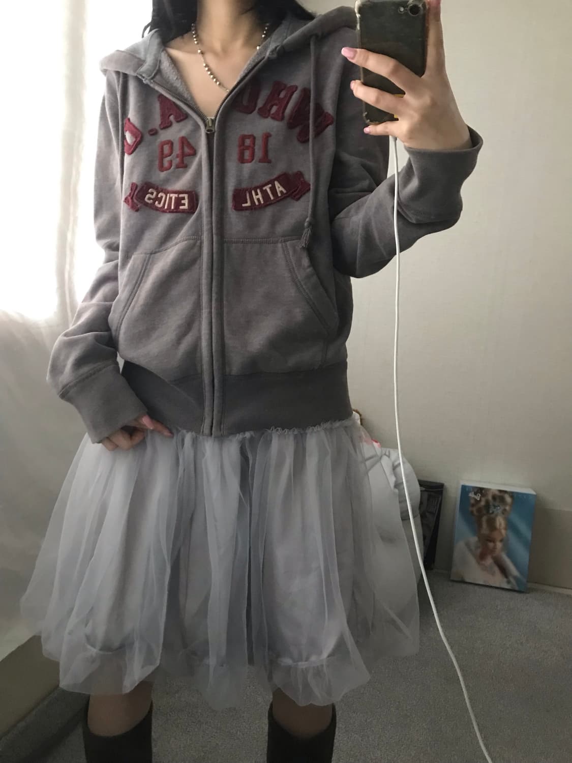 후아유 그레이 버건디 후드집업 상품이미지1