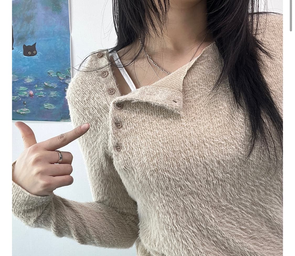 러시 오픈 버튼 헤어리 긴팔 티 상품이미지2