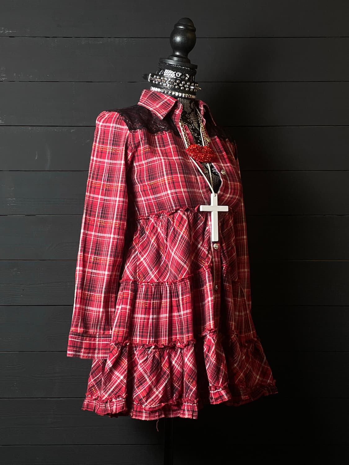 PINK LATTE 핑크 라떼 블랙 레이스 레드 체크 패턴 나나 원피스 상품이미지2